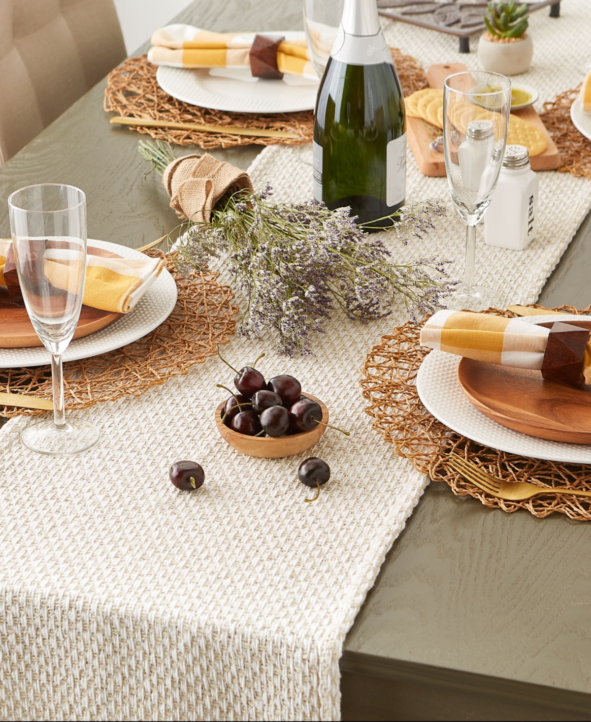 Design Imports Woven Jacquard Fringe Table Runner, 15" X 72" In Natural