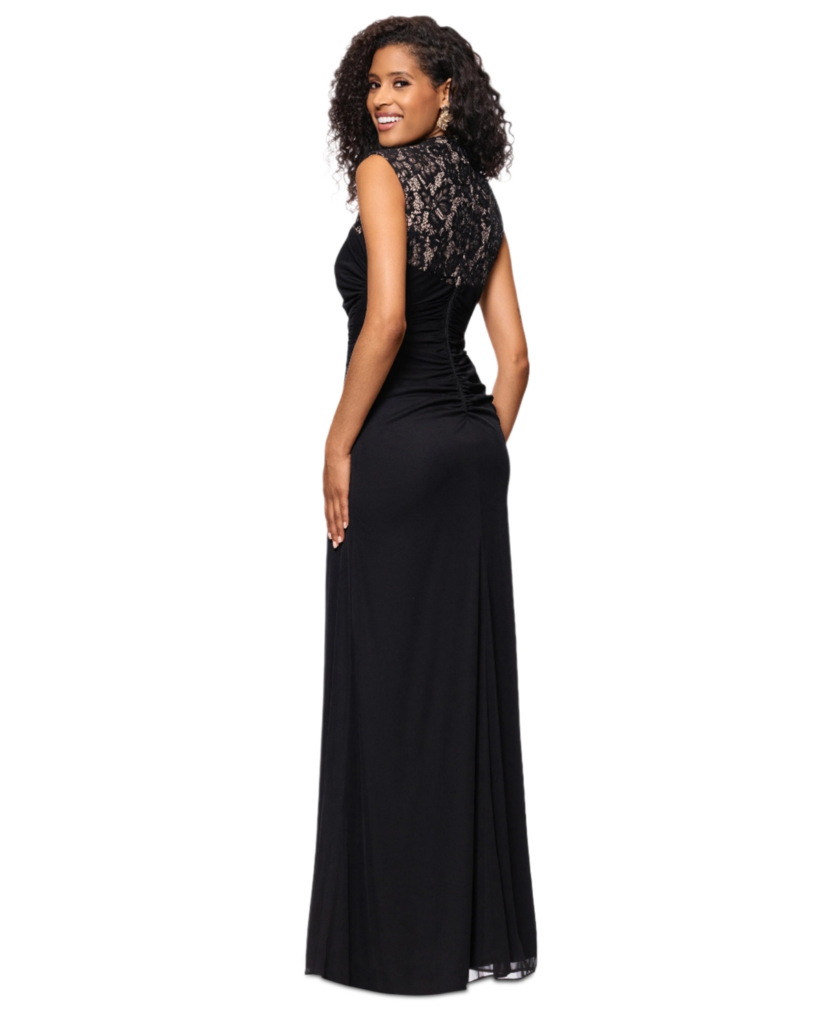 Shop Betsy & Adam Women's Lace-trim Ruched Jersey Gown In Black,nude