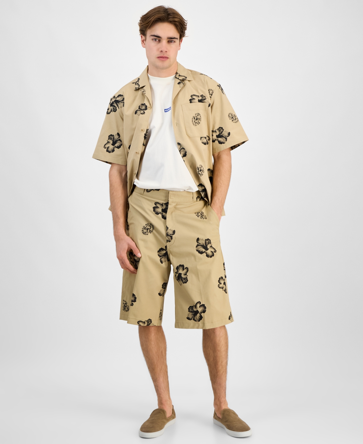Hugo by Hugo Boss Men's Damo242 Baggy-Fit Stretch Floral 13" Shorts - Light Beige