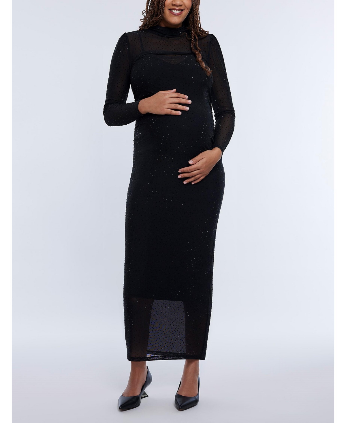 Maternity Mesh Turtleneck Maxi Dress - Motherhood - Gold lurex