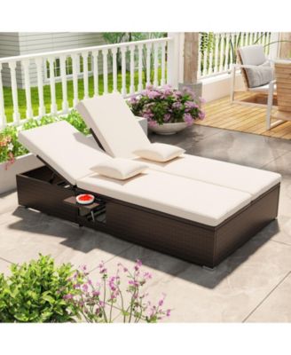 Patio Double Chaise Lounge with Cushions and Folding Side Trays
