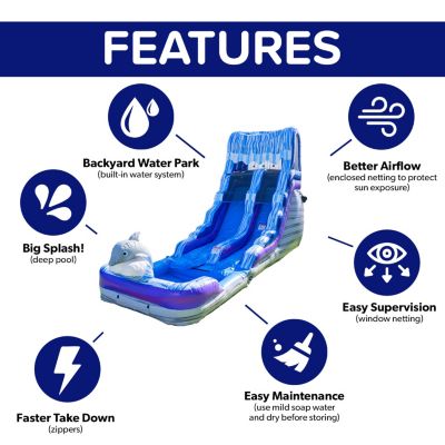 HeroKiddo 16FT Dolphin Inftatable Water Slide with Detachable Pool & Air Blower, Commercial Grade, 100% PVC Vinyl, Outdoor Backyard, Kids and Adults, Summer Fun, Blow up