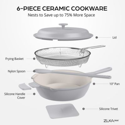 Zuka Everyday Pan 3.25 Qt. Ceramic 10 in 1 Nonstick Multi-Functional Saute Pan with Lid, Nylon Spoon, & Steamer Basket