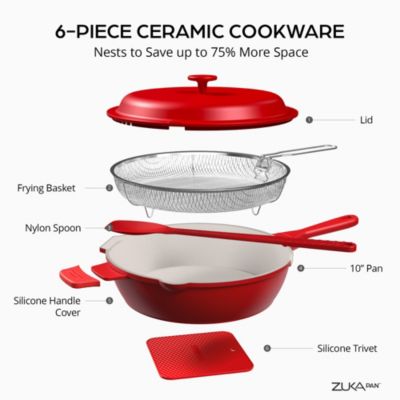 Zuka Everyday Pan 3.25 Qt. Ceramic 10 in 1 Nonstick Multi-Functional Saute Pan with Lid, Nylon Spoon, & Steamer Basket