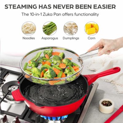 Zuka Everyday Pan 3.25 Qt. Ceramic 10 in 1 Nonstick Multi-Functional Saute Pan with Lid, Nylon Spoon, & Steamer Basket