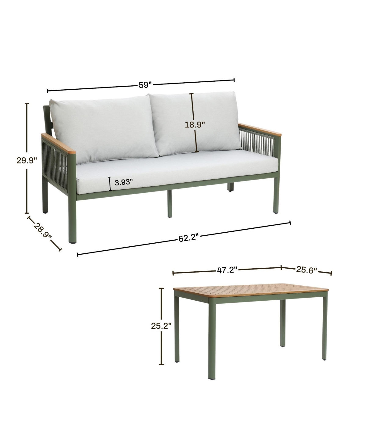 Luxenhome Outdoor Aluminum With Wood-style Plastic Loveseat Sofa With Cushions And Coffee Table Set In Green,brown