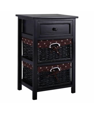 3 Tier Set of 2 Wood Nightstand with 1 and 2 Basket Drawer