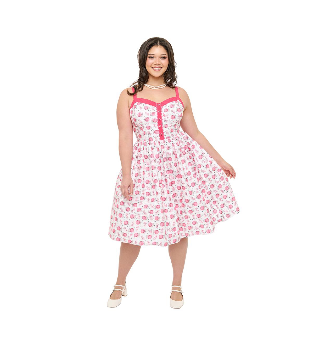 Plus Size 1950s Sleeveless Swing Dress - White  pink