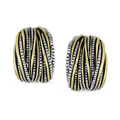 Half Hoop Shrimp Style Clip-On Earrings Two Tone Caviar Bead Silver Gold Plated