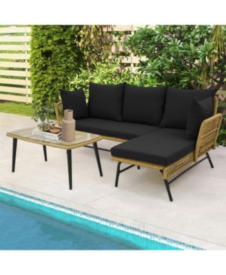 3 Pieces L-Shaped Patio Sofa with Cushions and Tempered Glass Table