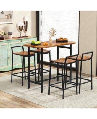 5 Piece Acacia Wood Bar Table Set Bar Height Table and Chairs with Metal Frame and Footrest