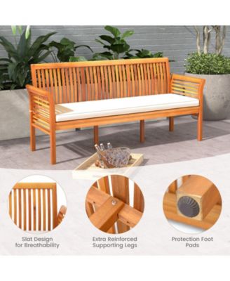 Patio 3-Seat Wood Bench with Soft Seat Cushions
