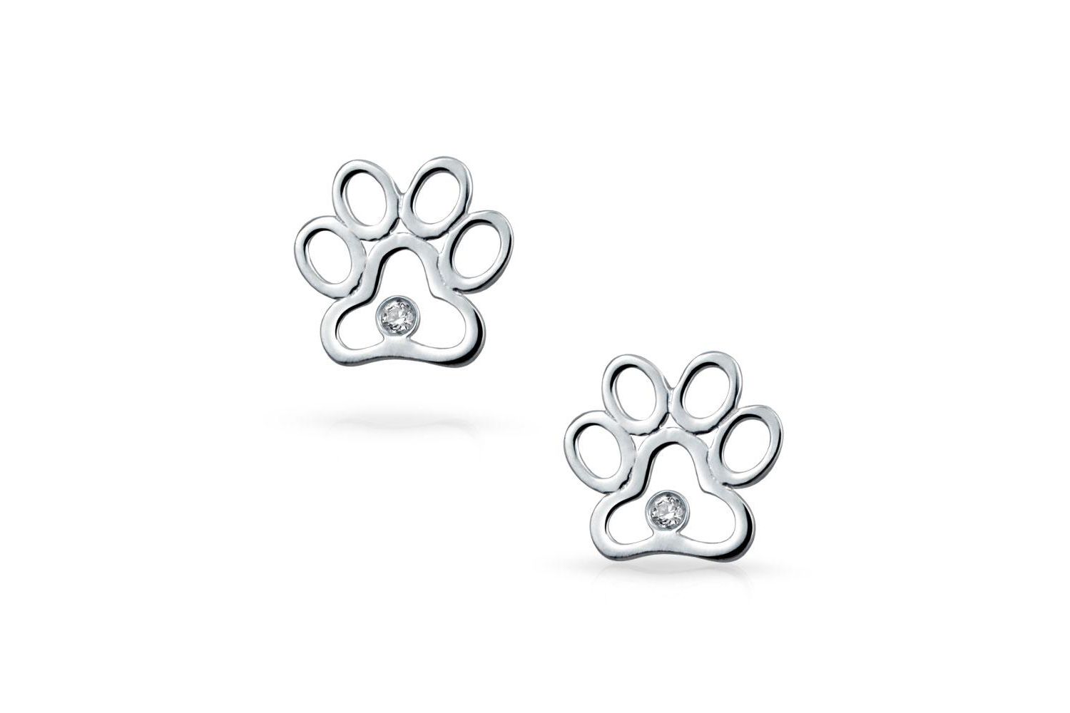 Animal Lover Cut-Out Paw Print Stud Earrings CZ Accent .925 Sterling Silver