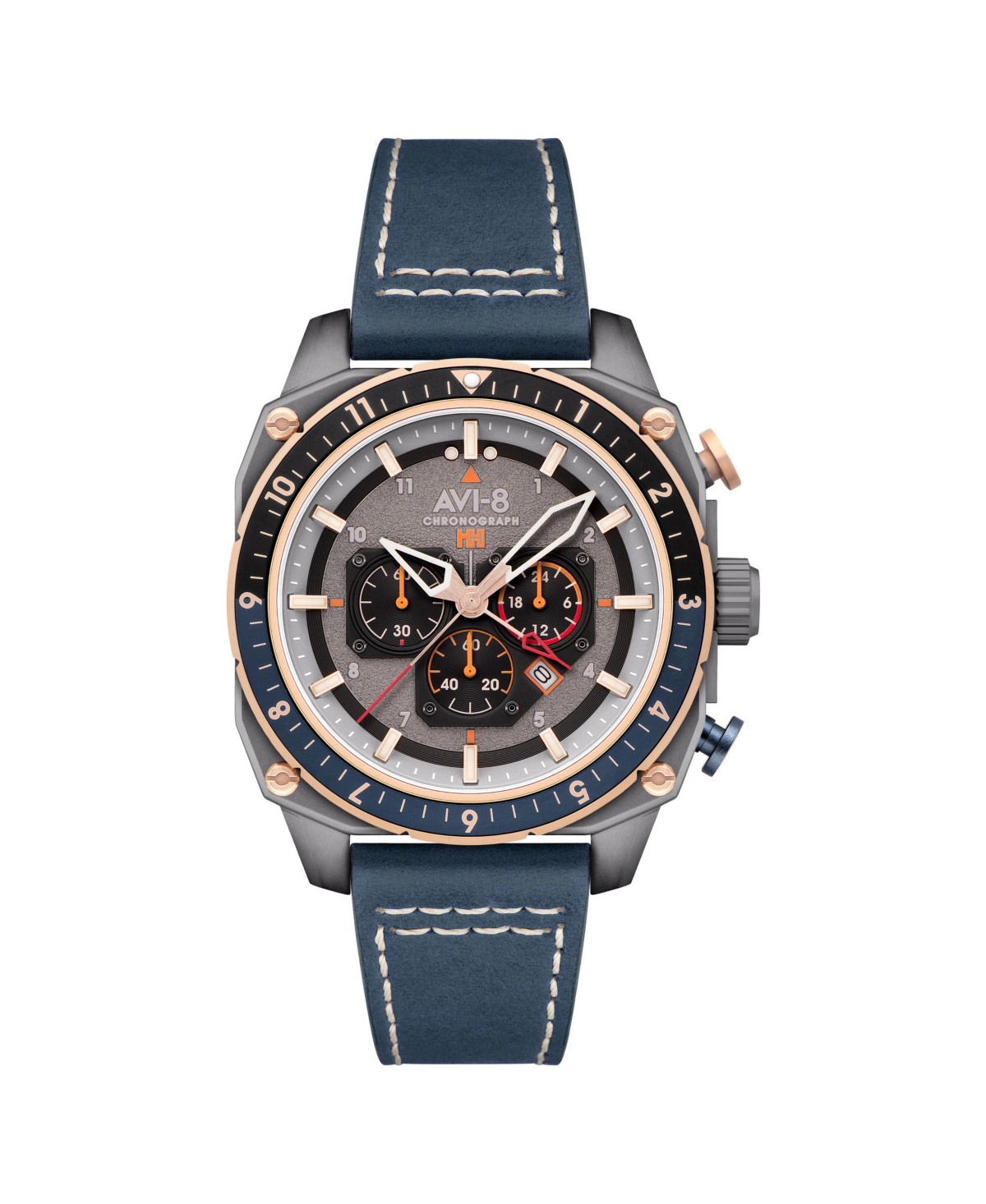 Men's Hawker Hunter Atlas Dual-Time Chronograph Blue Leather Strap Watch, 44mm - Gray