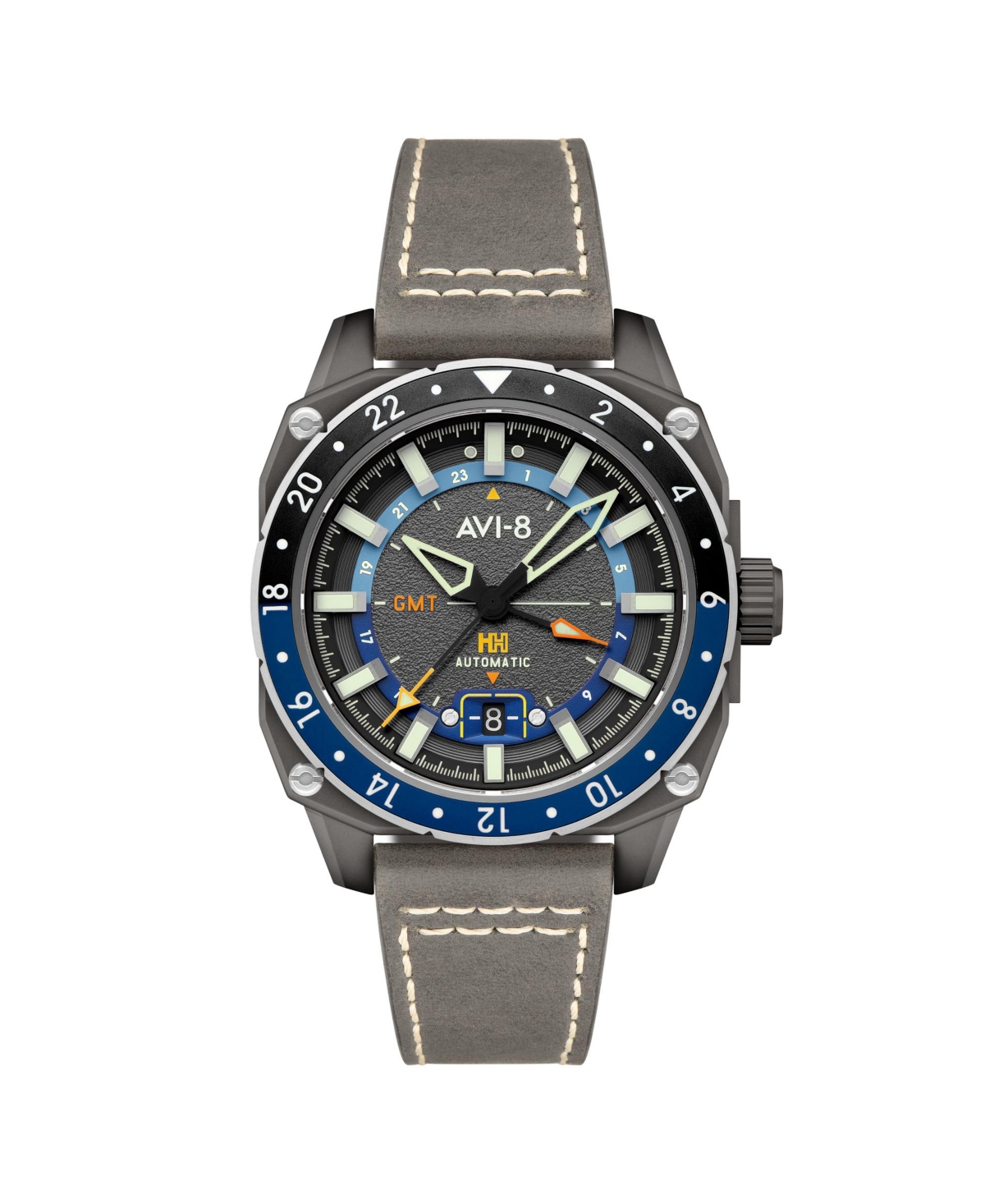 Men's Hawker Hunter Atlas Gmt Automatic Gray Leather Strap Watch, 44mm - Gray