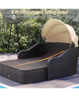 Patio PE Rattan Daybed with Retractable Canopy Soft Cushions and Extra Pillows
