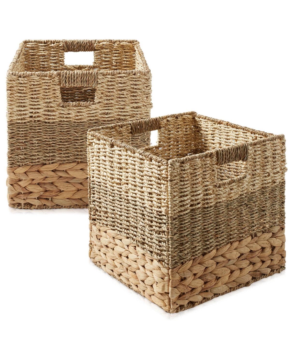 10.5&#x22; x 10.5&#x22; Mixed Weave Storage Baskets, Natural - Set of 2 Collapsible Cubes, Woven Bin Organizers for Bathroom, Bedroom, Laund