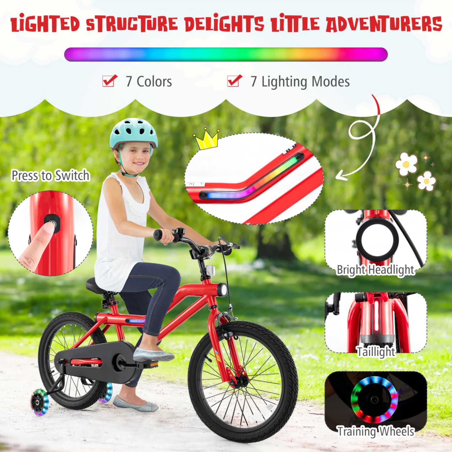 Детская игрушка Slickblue Kids' Bike with LED Lights & Adjustable Seat and Handlebars, от 4 лет, цвет: Красный — фото 6