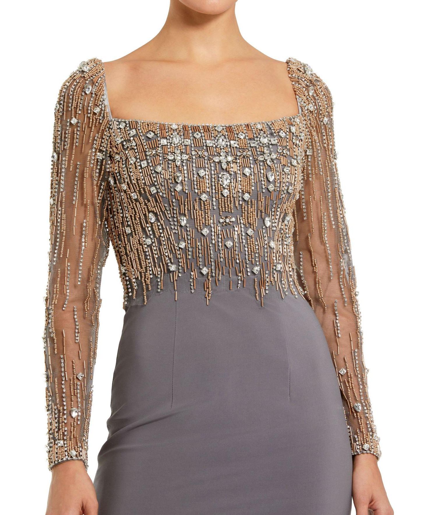 Women's Beaded Square Neck Long Sleeve Jersey Gown