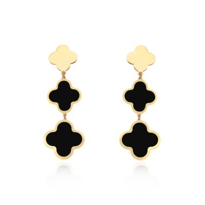 Onyx Graduating Clover Dangle Earrings 14K Gold