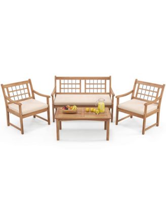 4 PCS Wood Patio Furniture Set with Soft Seat Cushions Solid Acacia Wood Frame