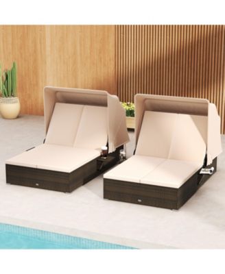 Patio Double Chaise Lounge with Shade Cushions and Folding Side Trays