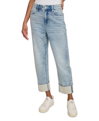 Women's High-Rise Crystal-Cuff Jeans 