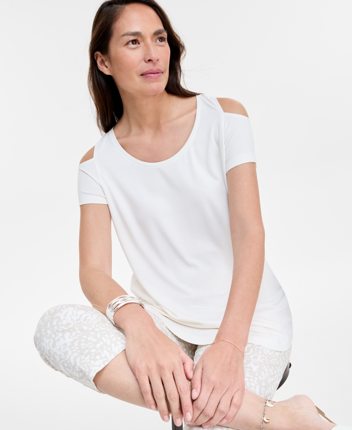 Shop Jm Collection Women's Solid Short-sleeve Cold-shoulder Top, Created For Macy's In Neo Natural