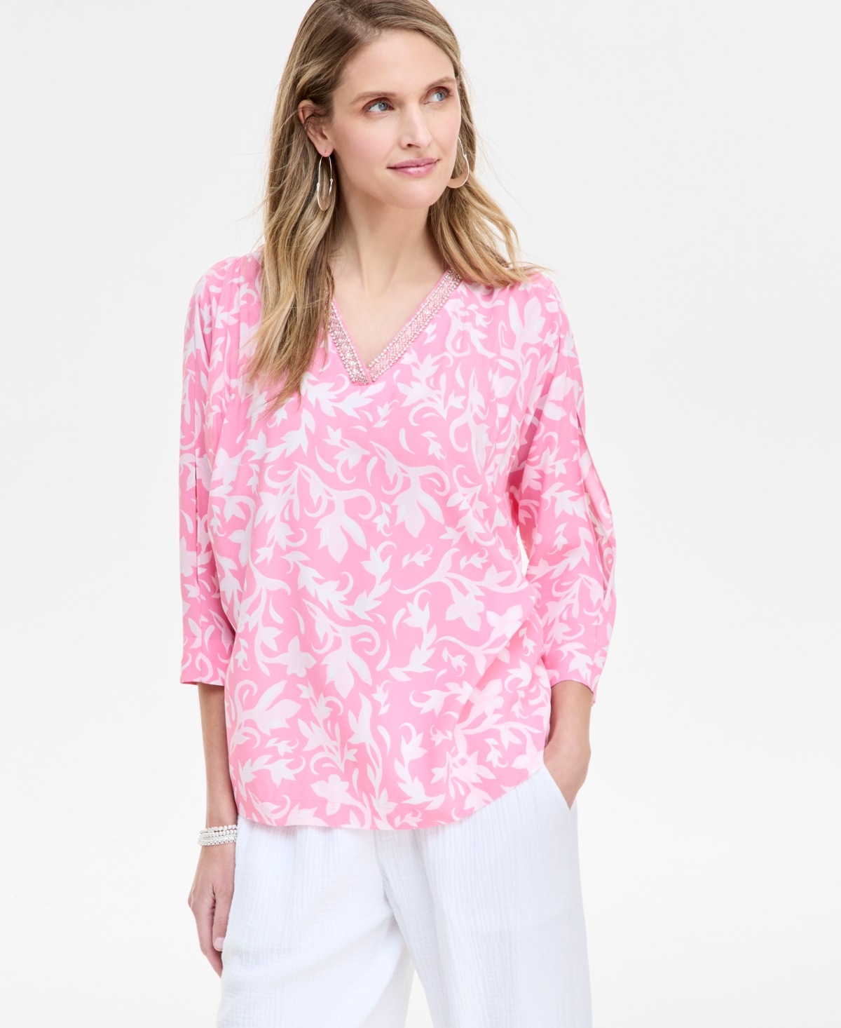 Shop Jm Collection Women's Printed Embellished Top, Exclusively At Macy's In Pink Petunia