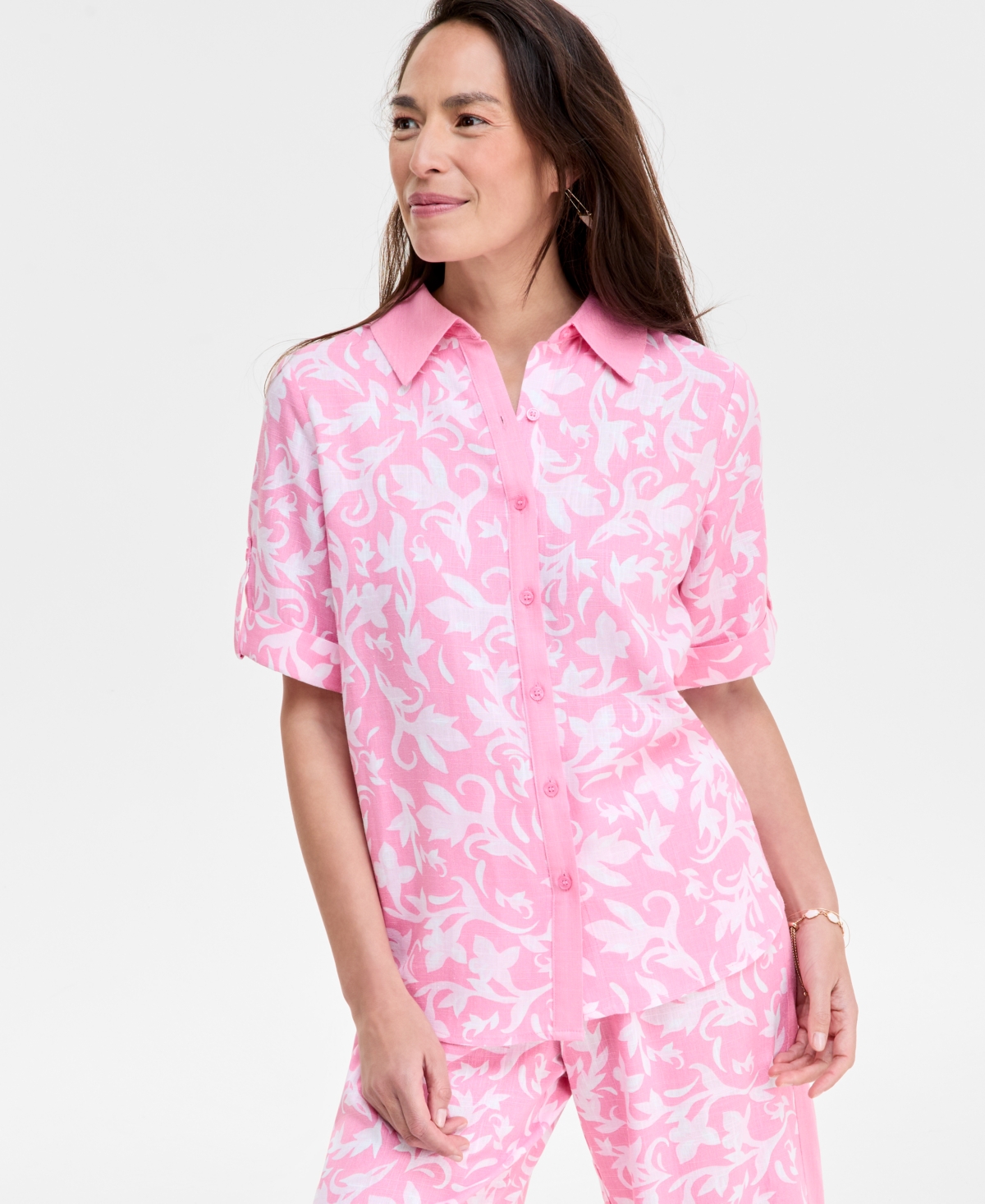 Women's Linen Blend Printed Short-Sleeve Button-Up Shirt, Exclusively at Macy's - Pink Petunia