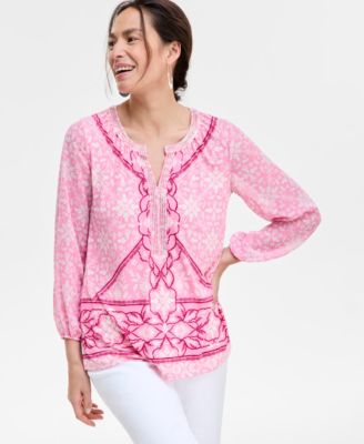 JM Collection - Women's Paradise Villa Chiffon Sleeve Split-Neck Top