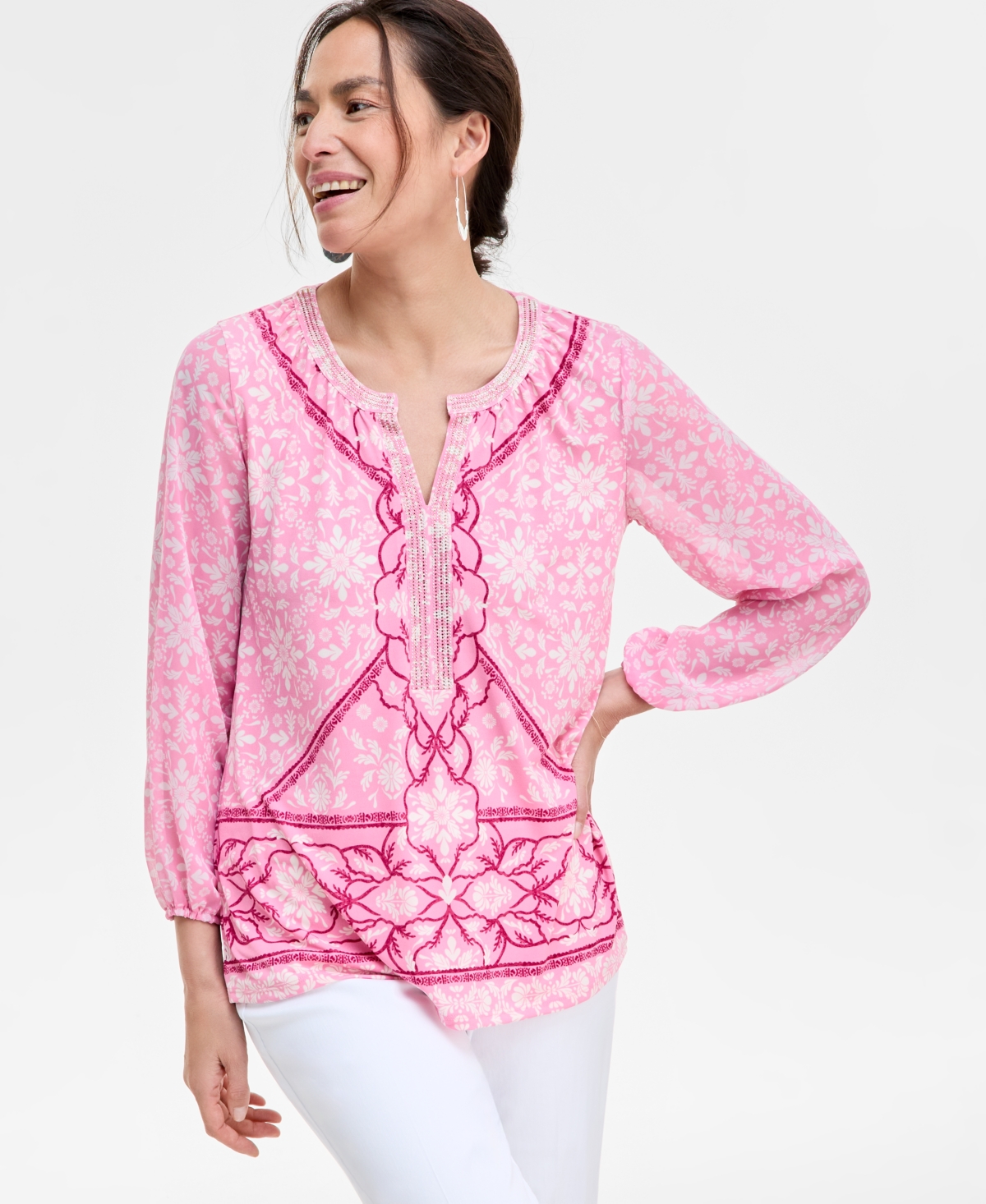 Women's Printed Chiffon Sleeve Rhinestone Split-Neck Top, Exclusively at Macy's - Pink Petunia