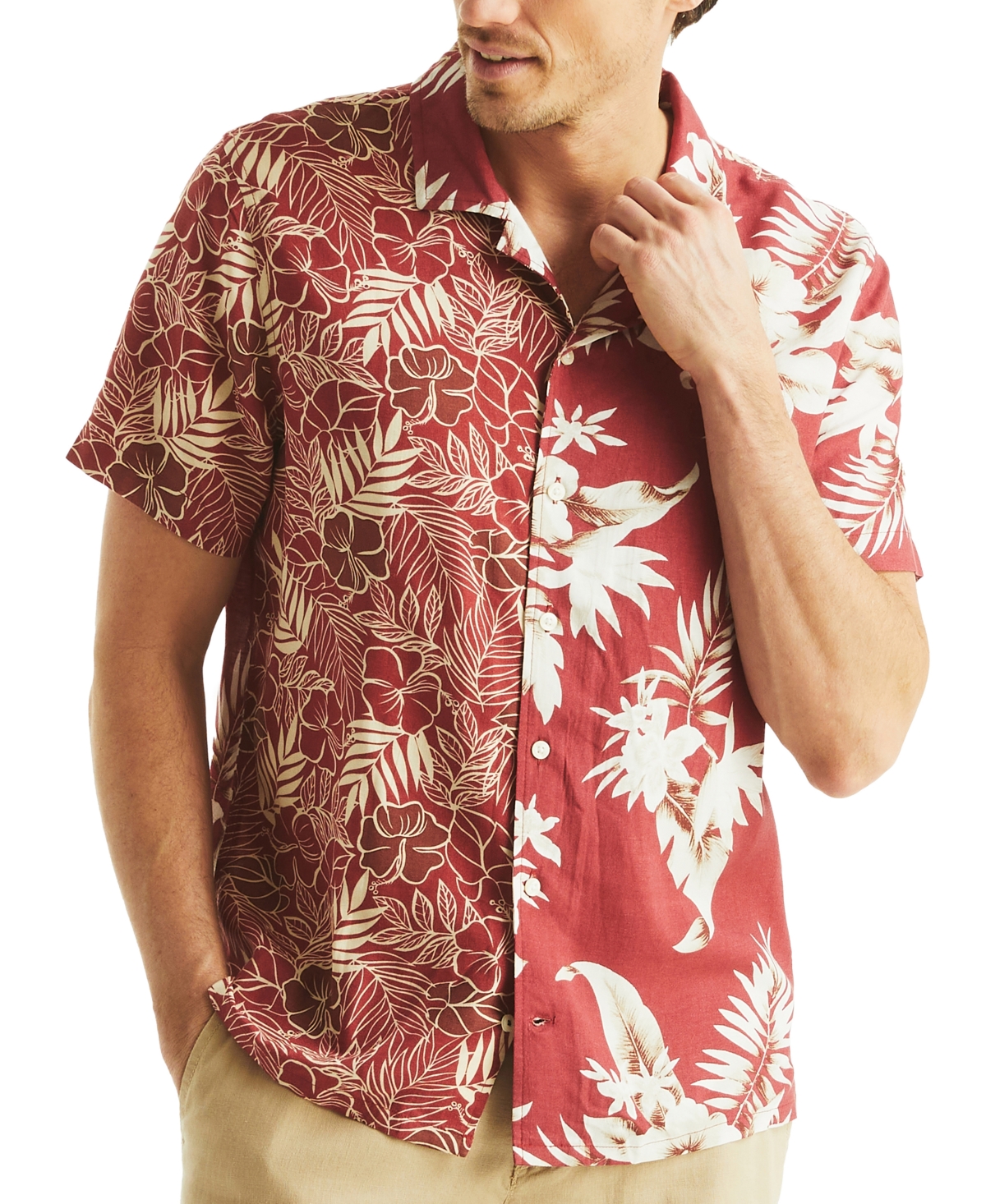 Men's Printed Tropical Button-Up Camp Shirt - Ocean Garnet