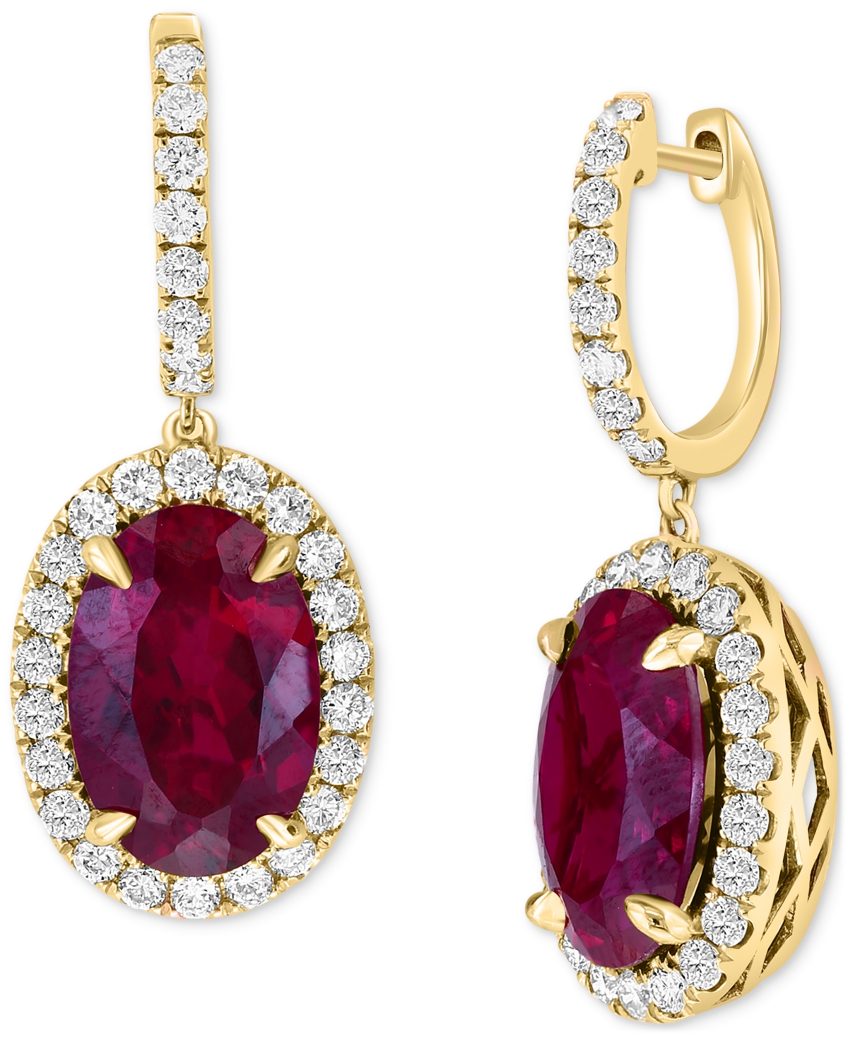 Effy Lab Grown Ruby (8-3/8 ct. t.w.) & Lab Grown Diamond (1-1/5 ct. t.w.) Halo Drop Earrings in 14k Gold - Ruby