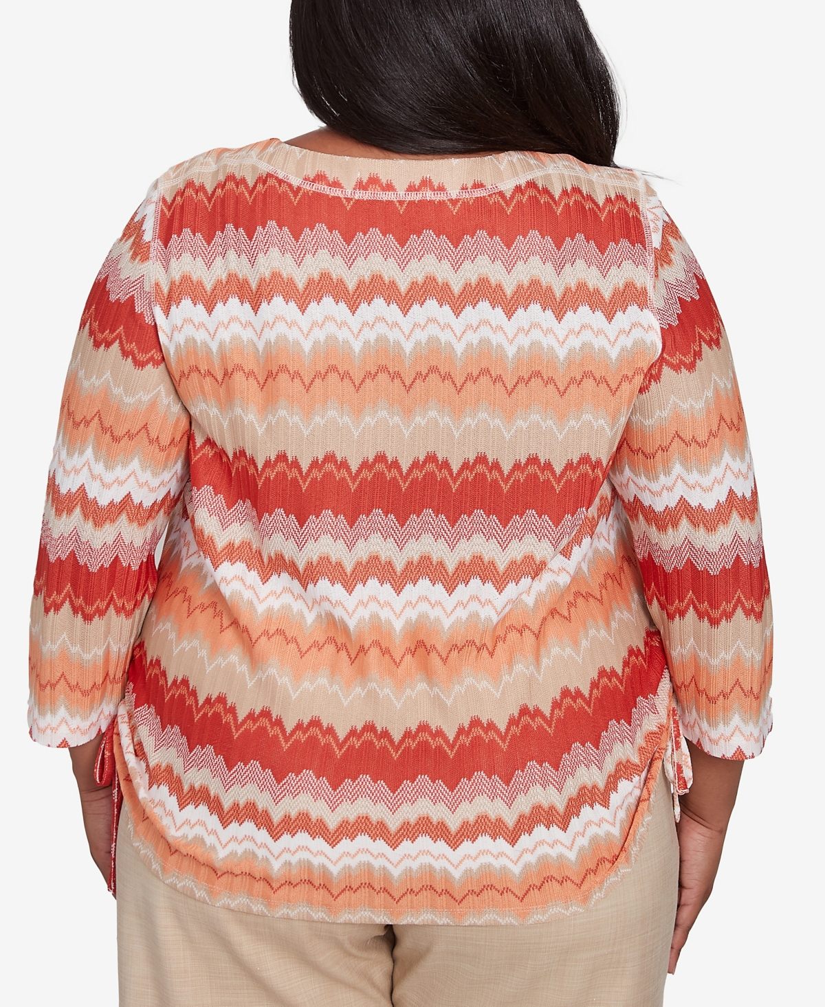 Alfred Dunner Plus Size Catalina Island Modern Chevron Drawstring Crew Neck Top In Tangerine Multi