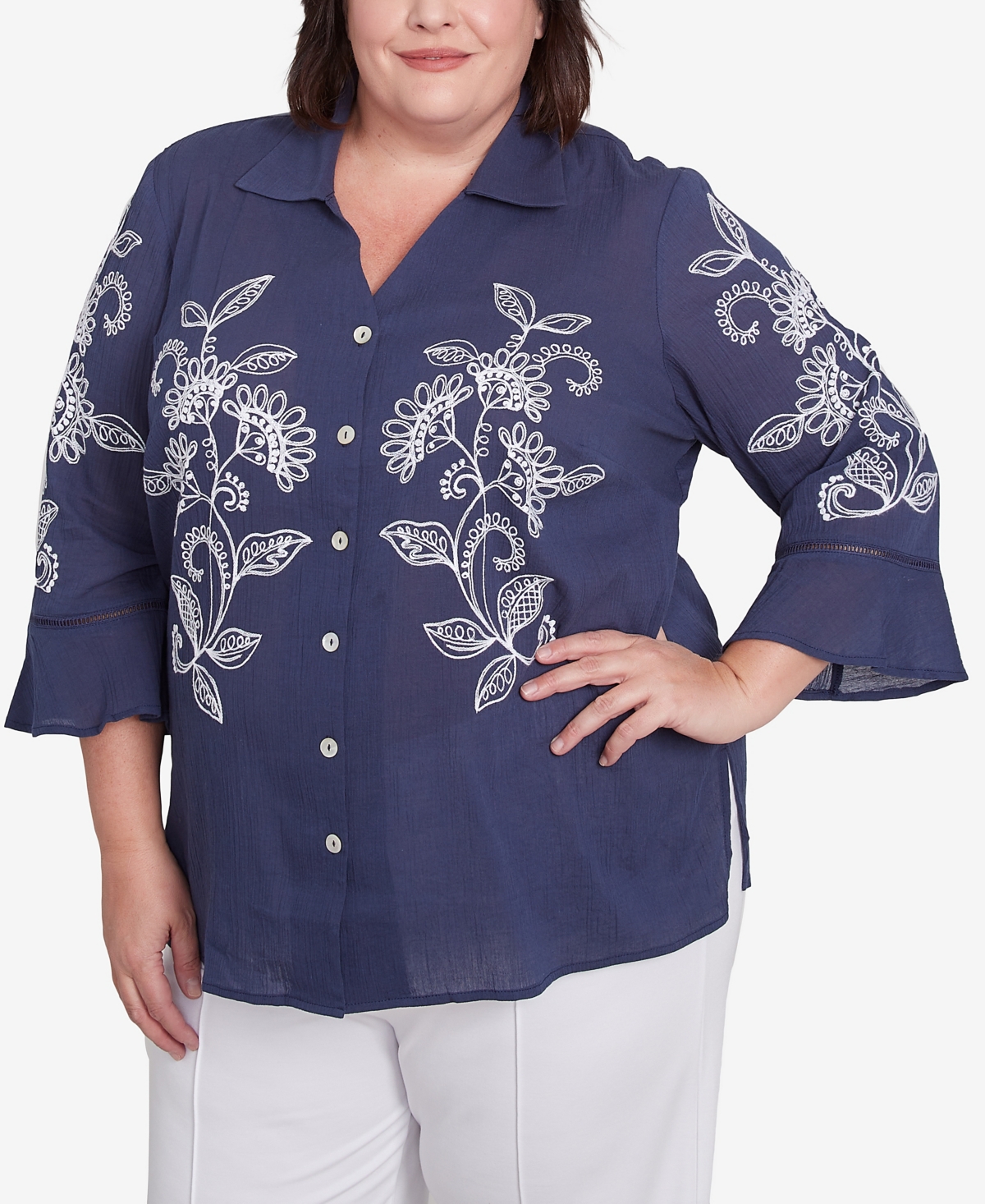 Alfred Dunner Plus Size Nantucket Embroidered Marine Button Front Top In Marine Blue