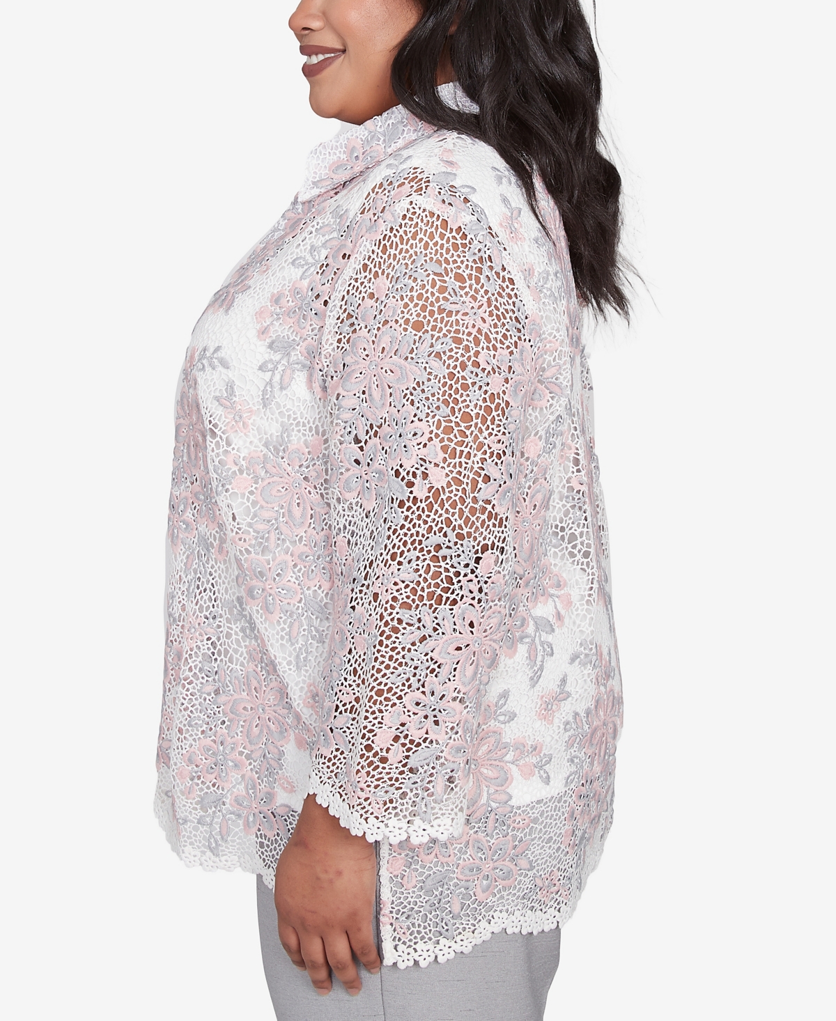 Alfred Dunner Plus Size Estate Of Mind Floral Lace Two In One Collared Neck Top With Necklace In Multi Pink