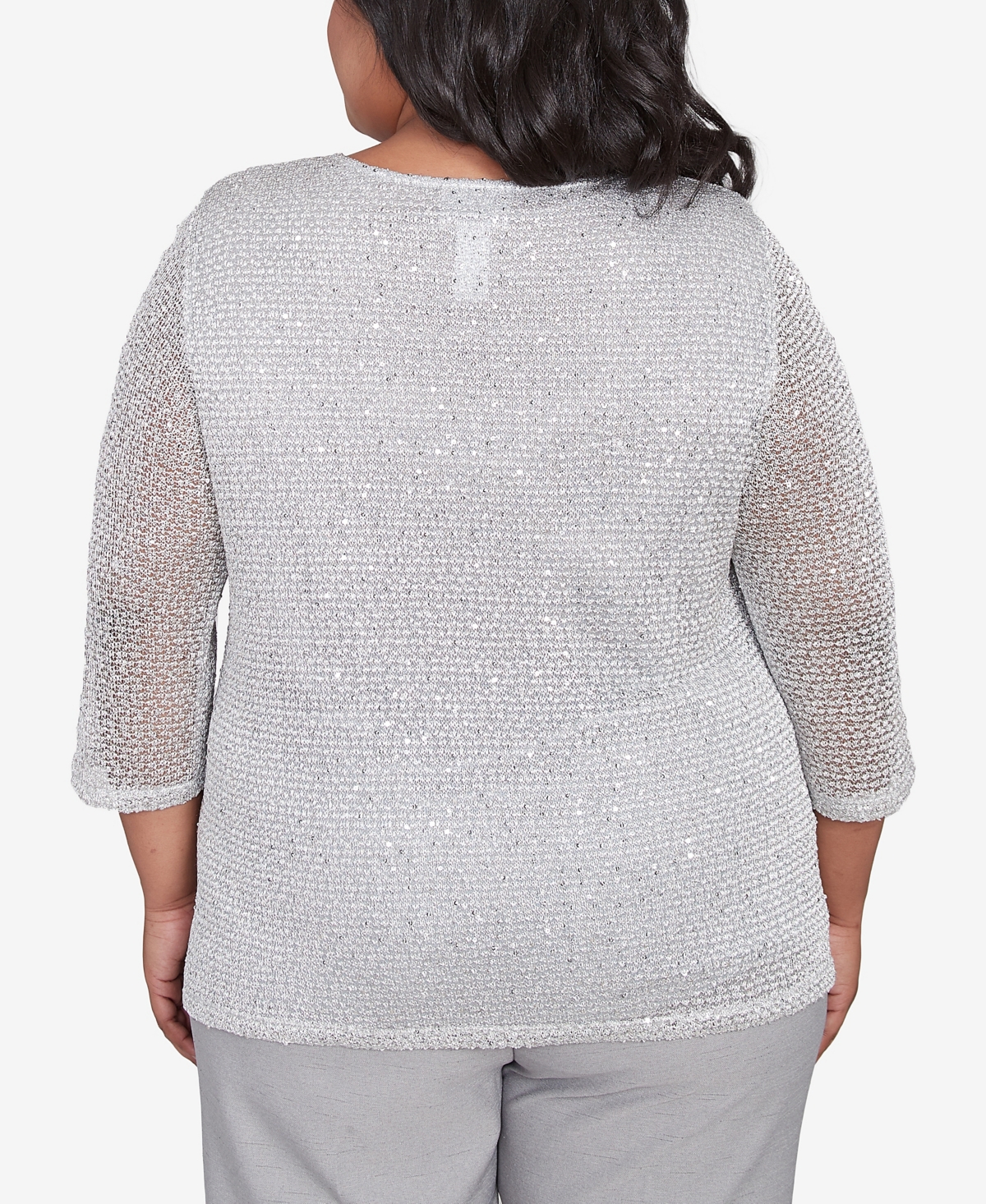 Alfred Dunner Plus Size Estate Of Mind Sequin Beaded Split Neck Top In Dove Gray
