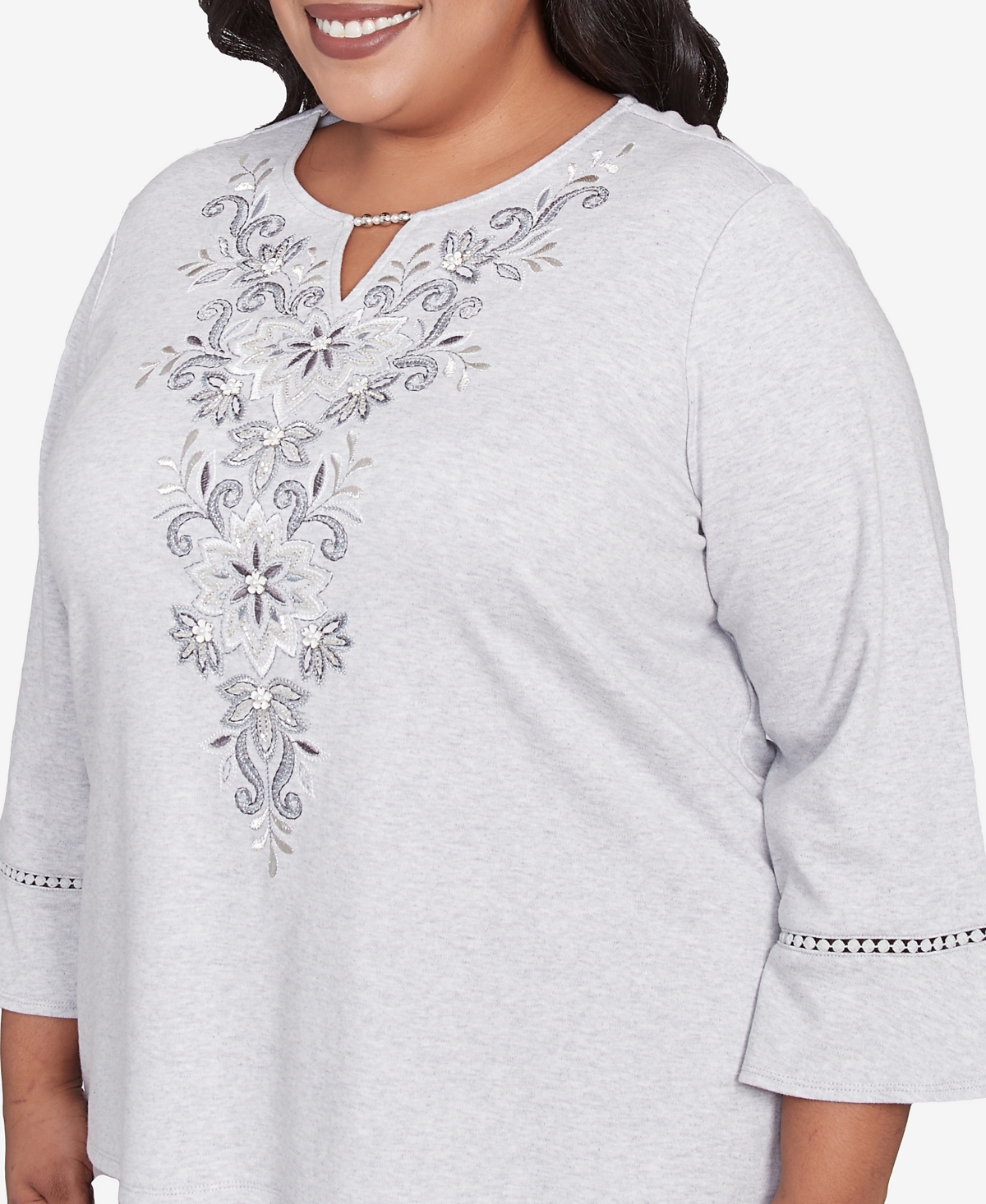 Alfred Dunner Plus Size Estate Of Mind Embroidered Scroll Bell Sleeve Top In Dove Gray