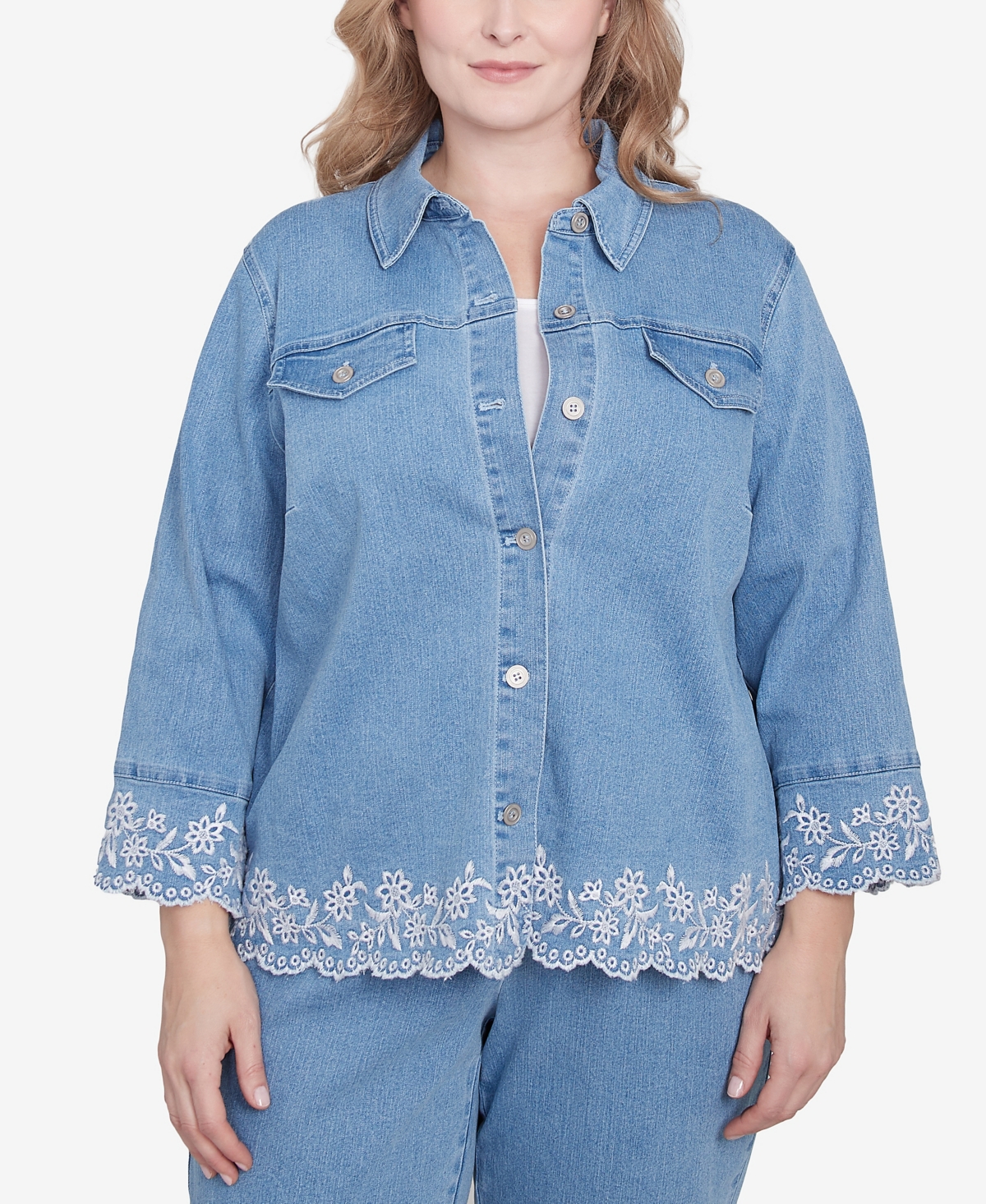 Alfred Dunner Plus Size Flower Power Denim Floral Embroidered Jacket In Light Indigo