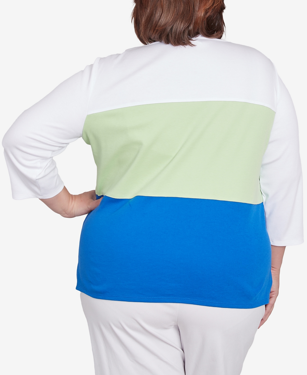 Alfred Dunner Plus Size Parrot Cay Tropical Colorblock Floral Crew Neck Top In Cobalt Multi
