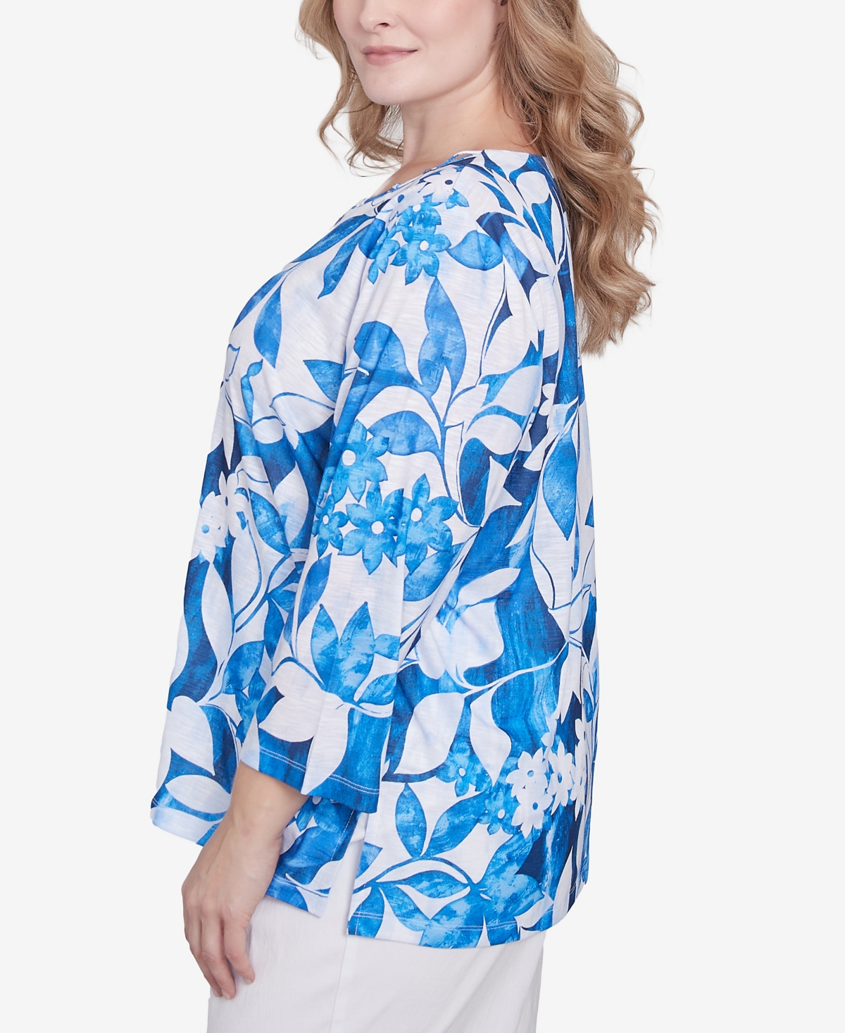 Alfred Dunner Plus Size Parrot Cay Monotone Cobalt Floral Top In Cobalt Blue