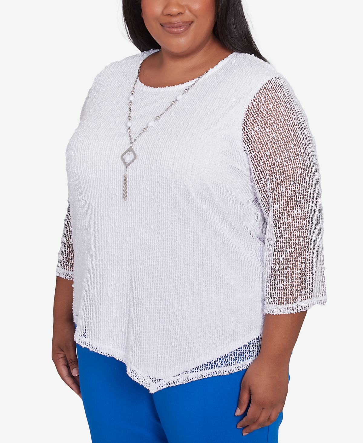 Alfred Dunner Plus Size Parrot Cay Popcorn Mesh Crew Neck Top With Necklace In White