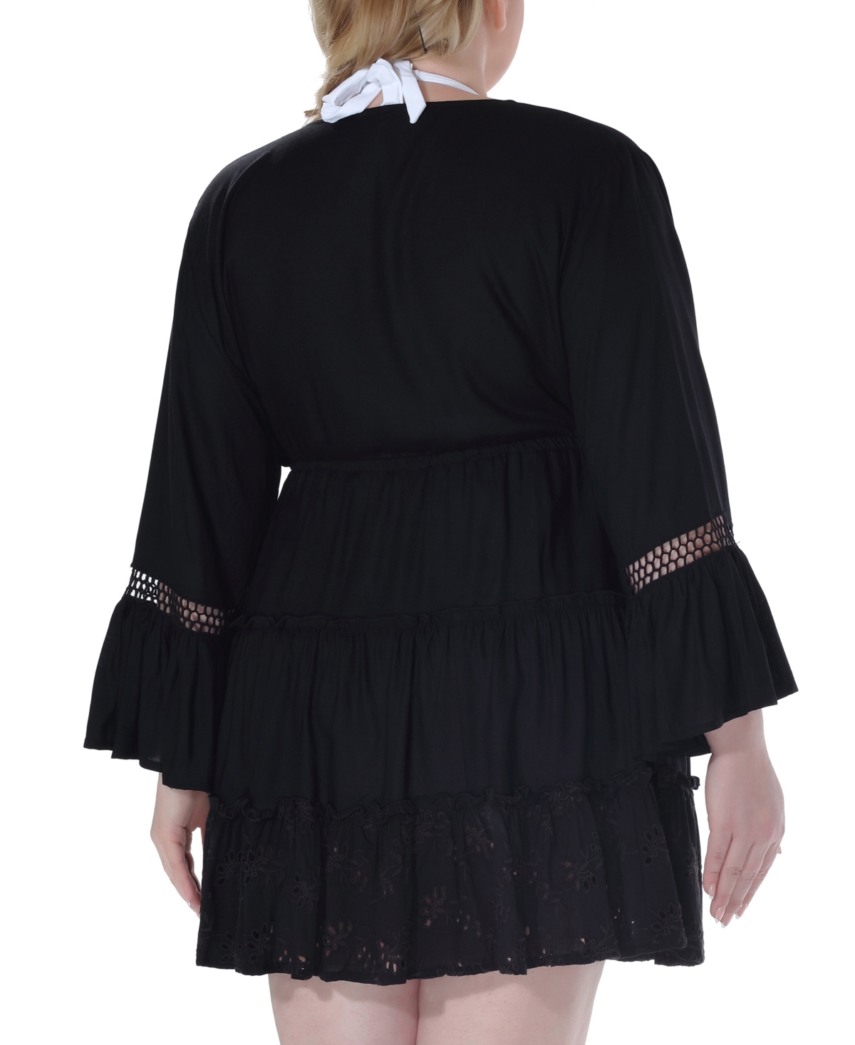 Raviya Plus Size Lace-inset Eyelet-flounce Cover-up In Black