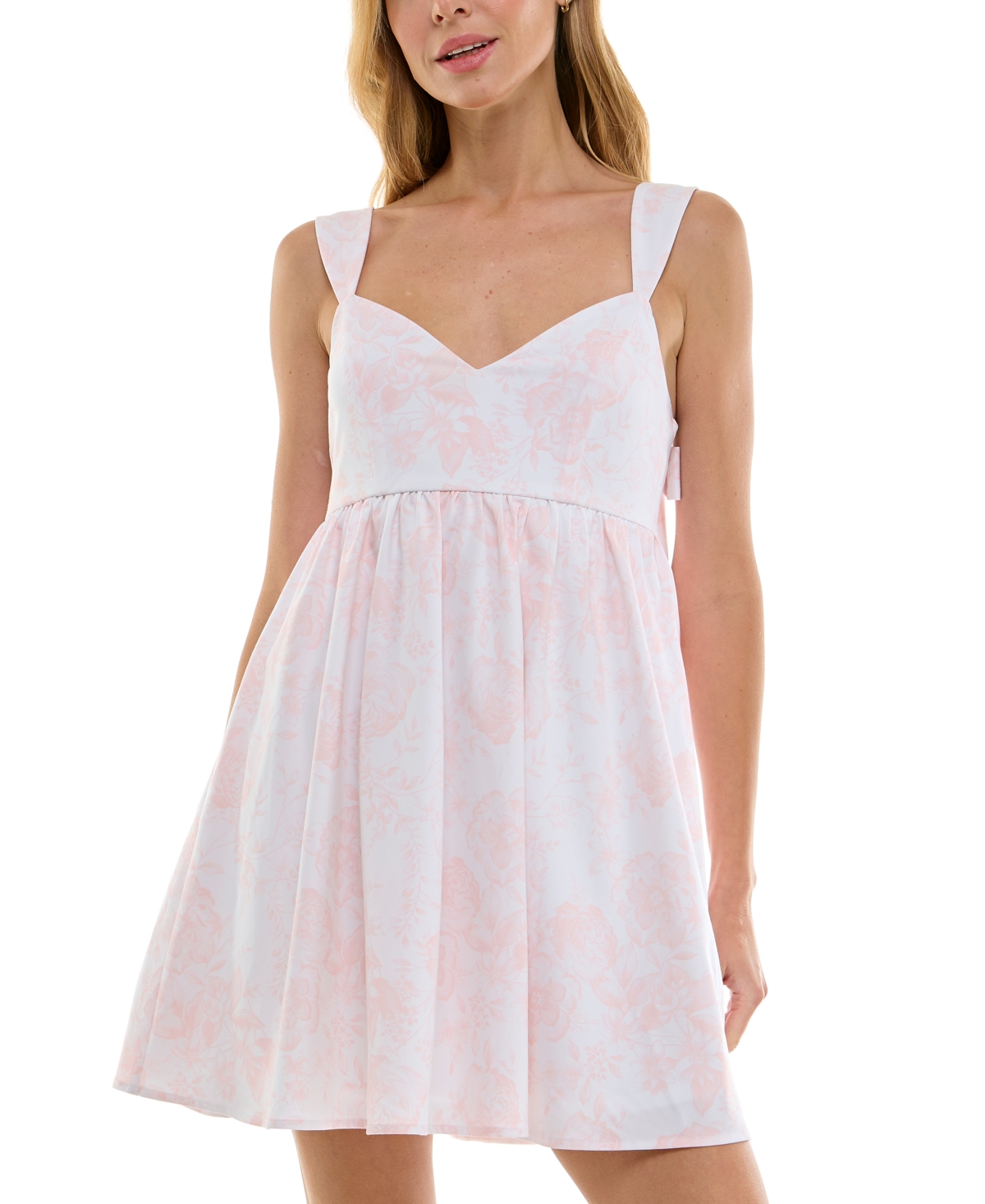 Trixxi Juniors' Floral-print Bow-back Babydoll Dress In Pink