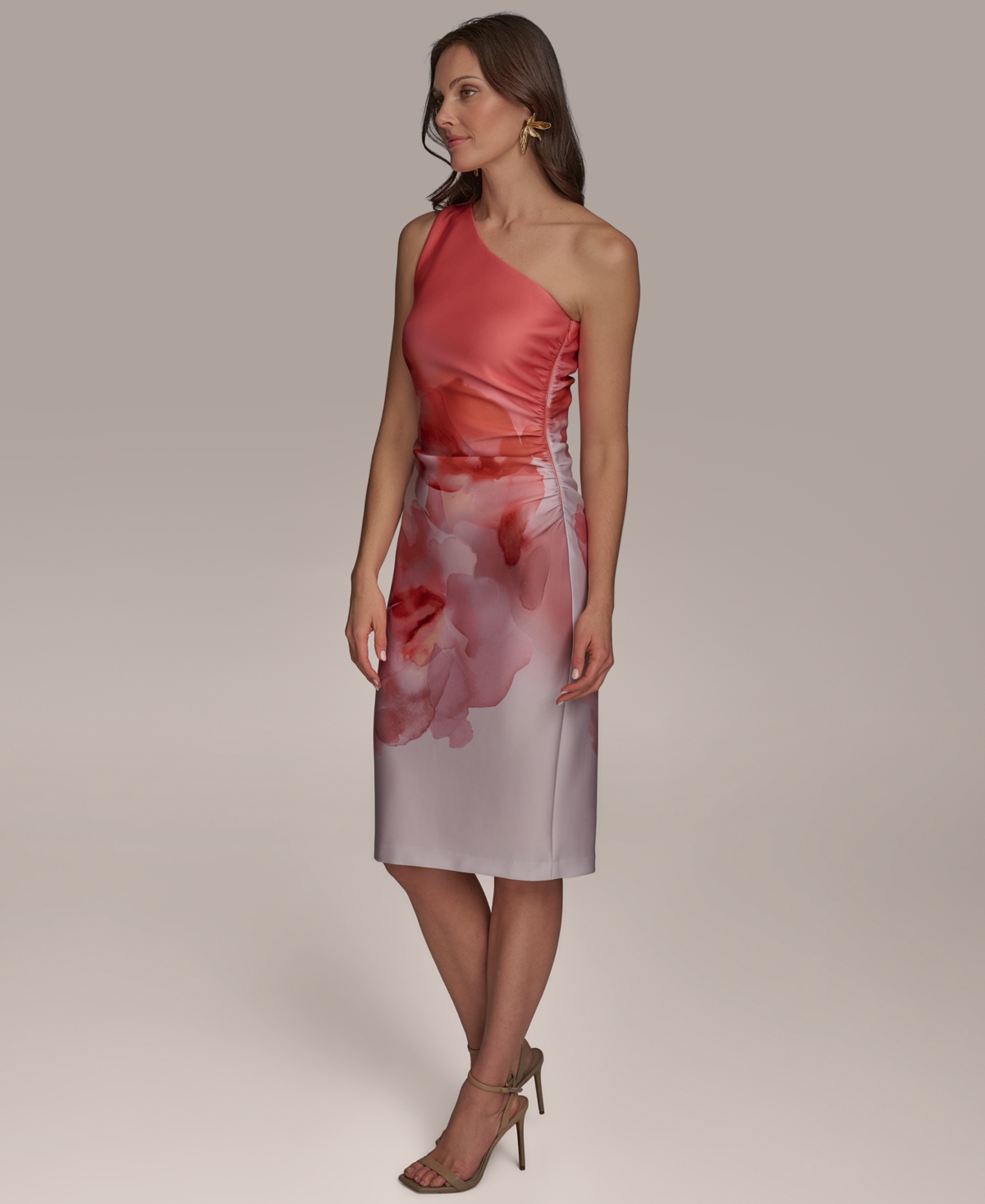 Donna Karan Petite Floral-print One-shoulder Sheath Dress In Spring Melon Multi