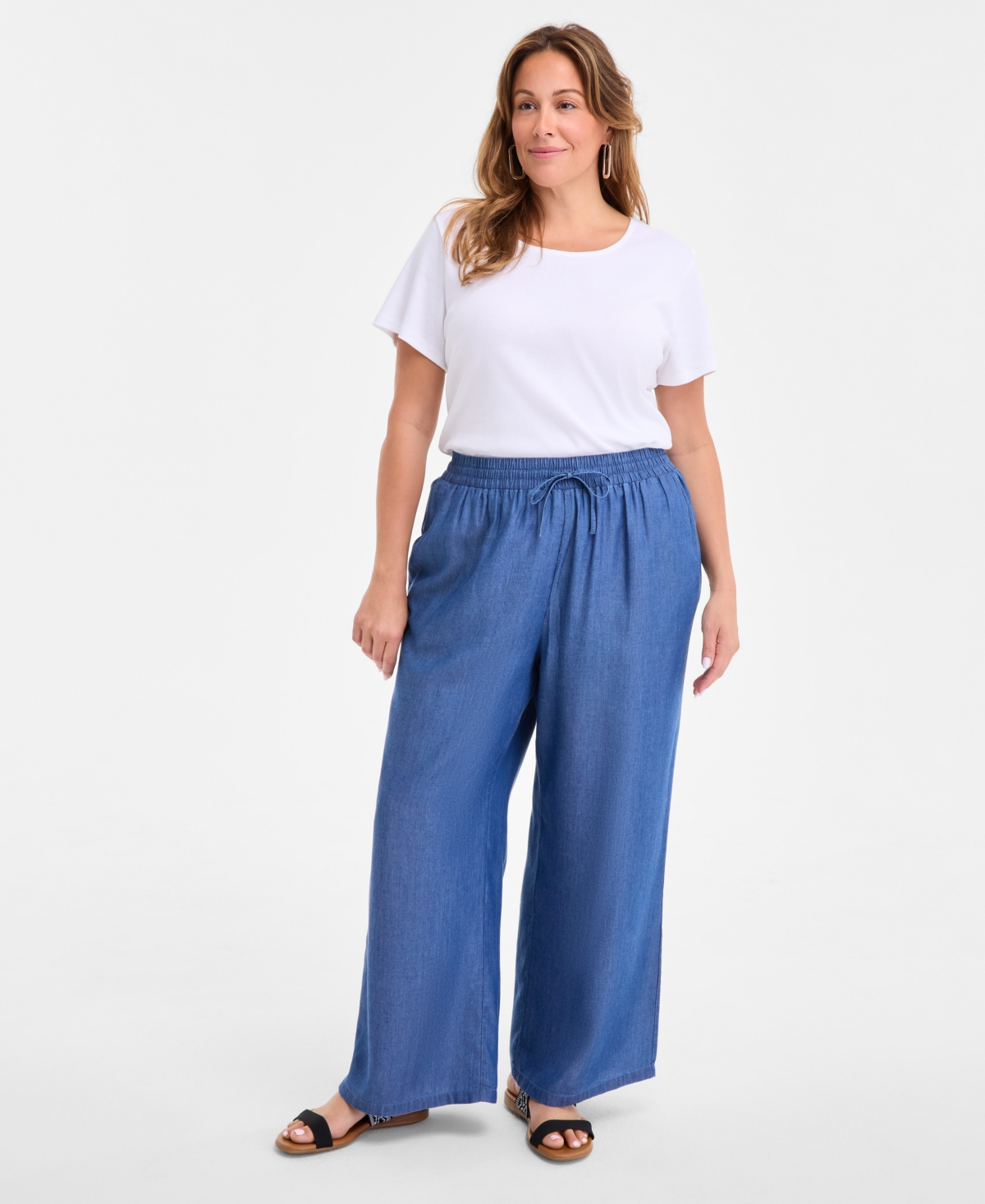 STYLE & CO PLUS SIZE CHAMBRAY DRAWSTRING HIGH-RISE WIDE-LEG PANTS, EXCLUSIVELY AT MACY'S 