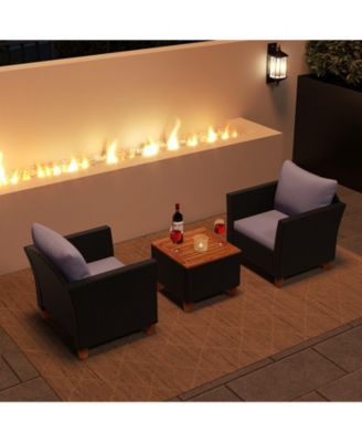 3 Pieces Outdoor Patio Wicker Furniture Set with Cushions and Acacia Wood Coffee Table