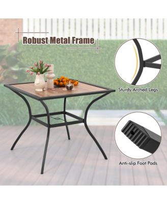 Patio Table for 4 People w/ Umbrella Hole Wood-Like Tabletop Metal Support Legs
