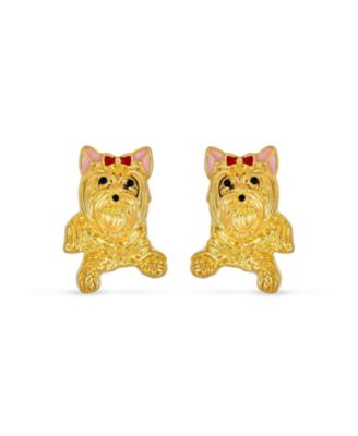 Best Friend Animal Pink Bow Yorkshire Terrier Stud Earrings Gold Plated